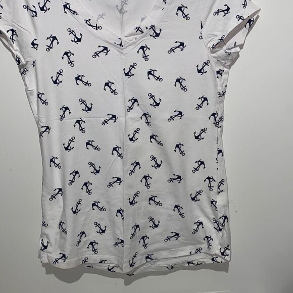 Cable & Gauge Top Women's Small White Blue Anchor Nautical Short Sleeve V-Neck - Picture 2 of 7